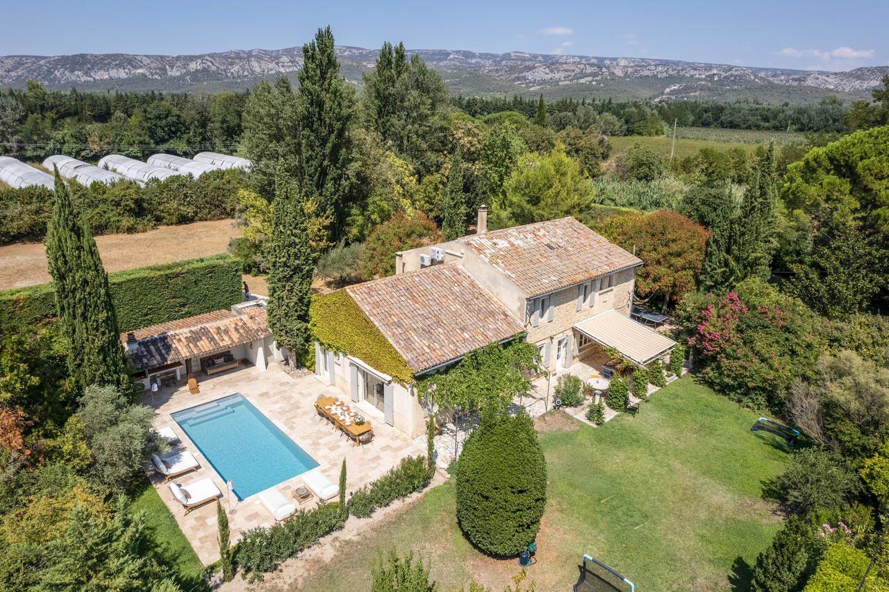 Aerial view of the estate with the Alpilles beyond