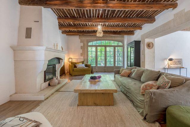 Living room with stone fireplace